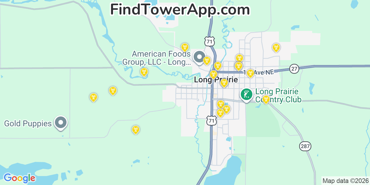 Map showing the 20 primary cell tower locations detected in Long Prairie, Minnesota from AT&T, Verizon, and T-Mobile networks