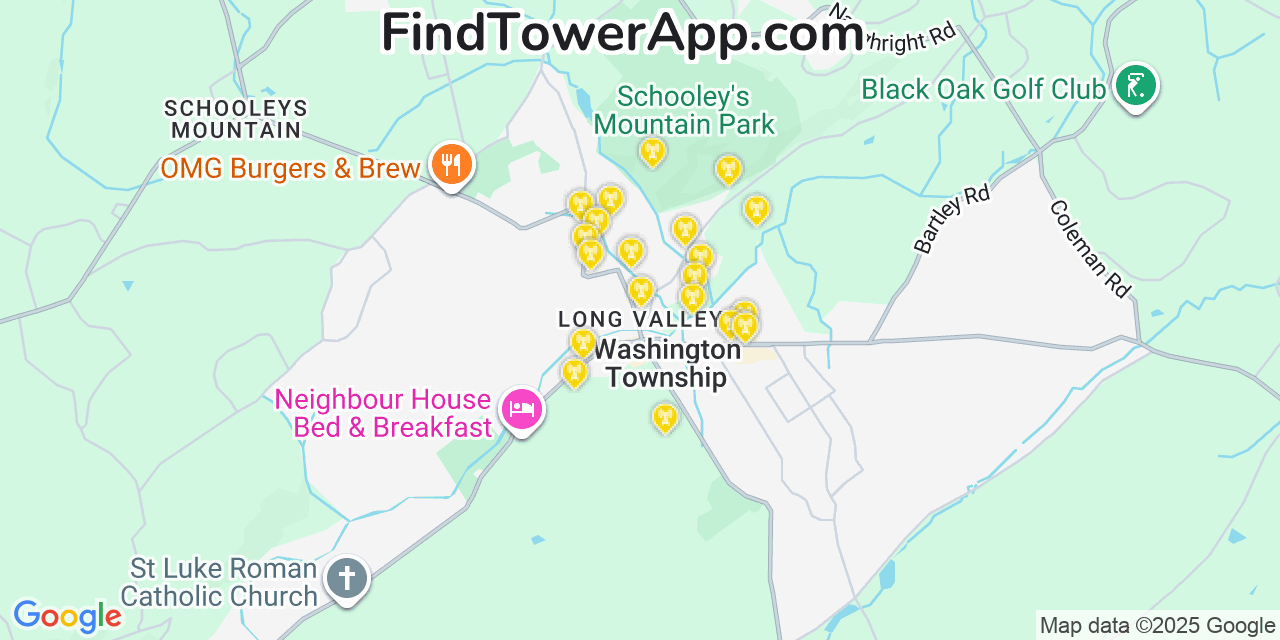 Map showing the 20 primary cell tower locations detected in Long Valley, New Jersey from AT&T, Verizon, and T-Mobile networks