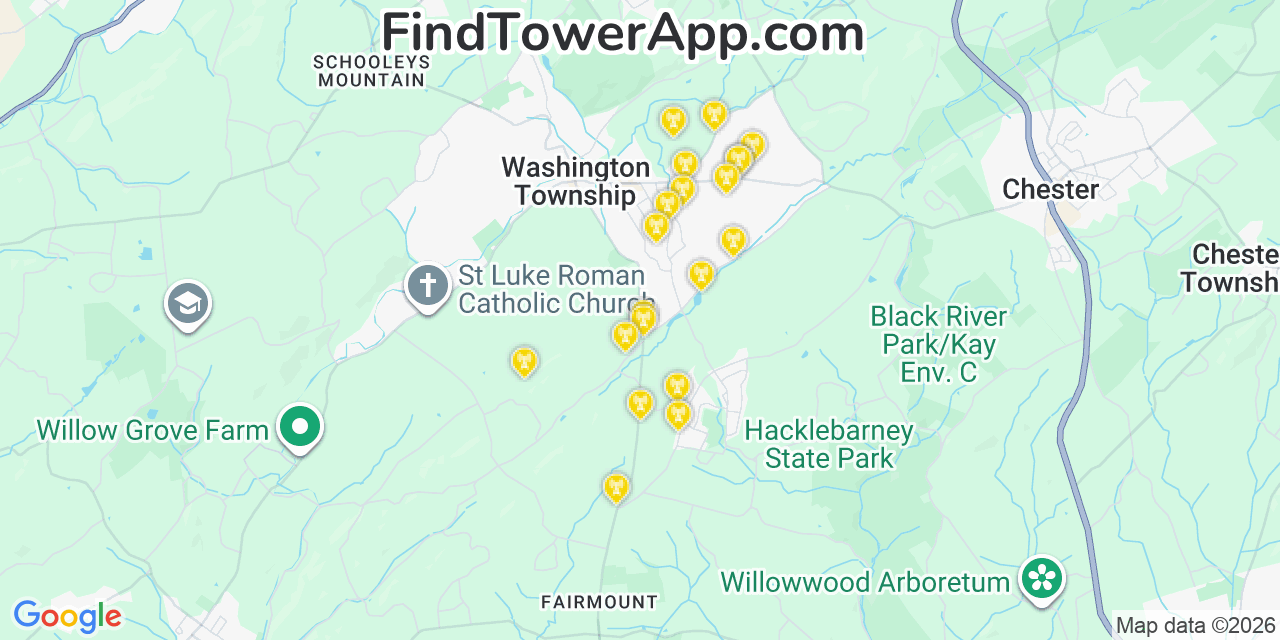 Map showing the 20 primary cell tower locations detected in Long Valley, New Jersey from AT&T, Verizon, and T-Mobile networks