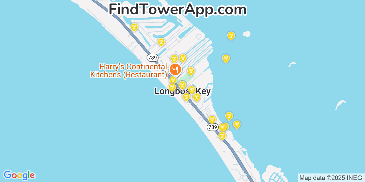 Map showing the 20 primary cell tower locations detected in Longboat Key, Florida from AT&T, Verizon, and T-Mobile networks