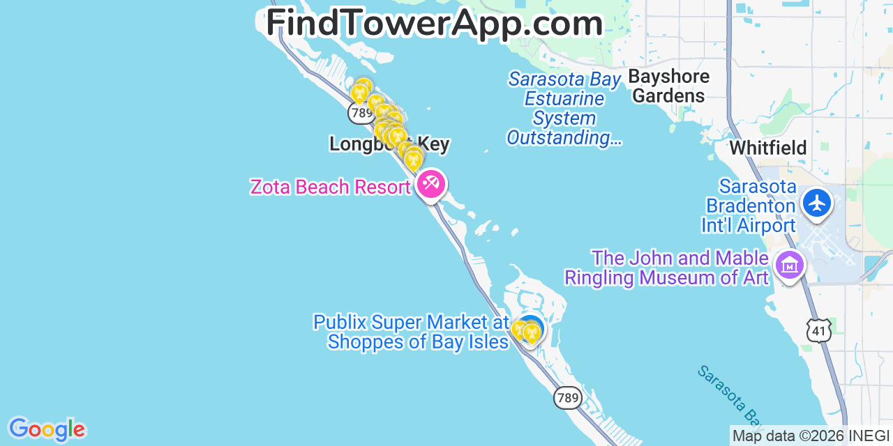 Map showing the 20 primary cell tower locations detected in Longboat Key, Florida from AT&T, Verizon, and T-Mobile networks
