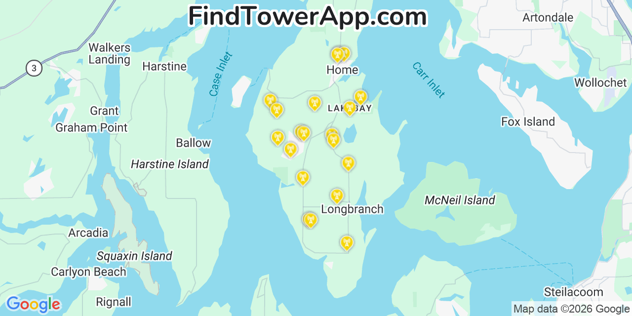 Map showing the 20 primary cell tower locations detected in Longbranch, Washington from AT&T, Verizon, and T-Mobile networks