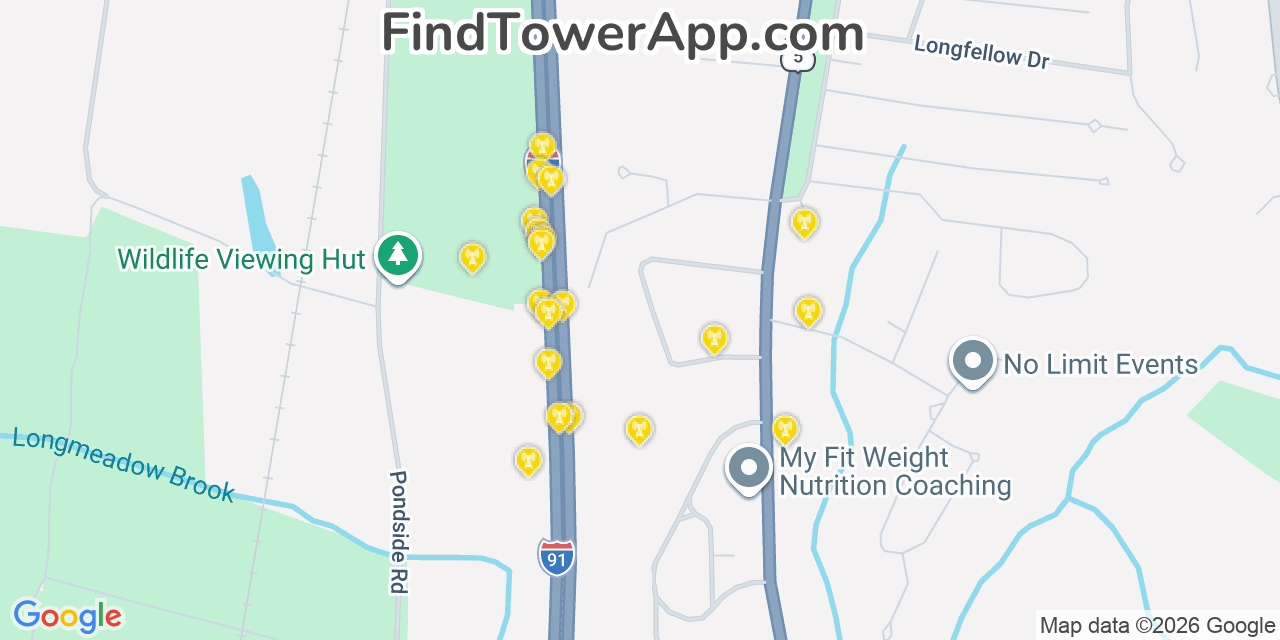 Map showing the 20 primary cell tower locations detected in Longmeadow, Massachusetts from AT&T, Verizon, and T-Mobile networks