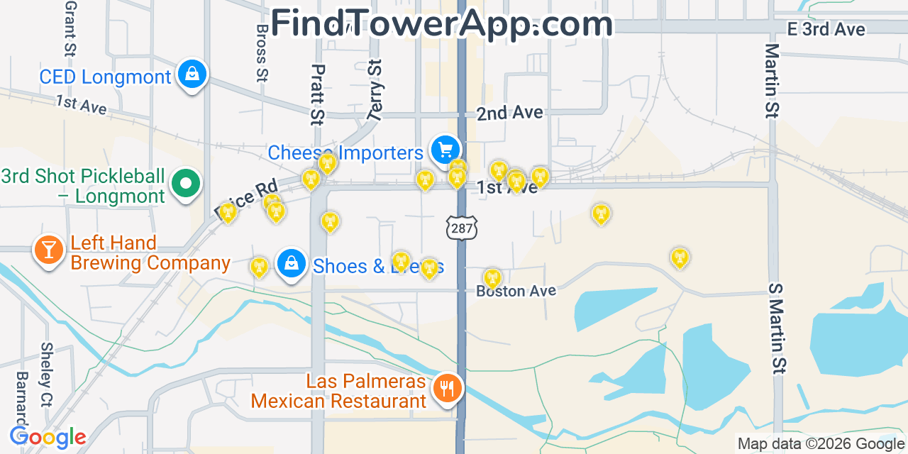 Map showing the 20 primary cell tower locations detected in Longmont, Colorado from AT&T, Verizon, and T-Mobile networks