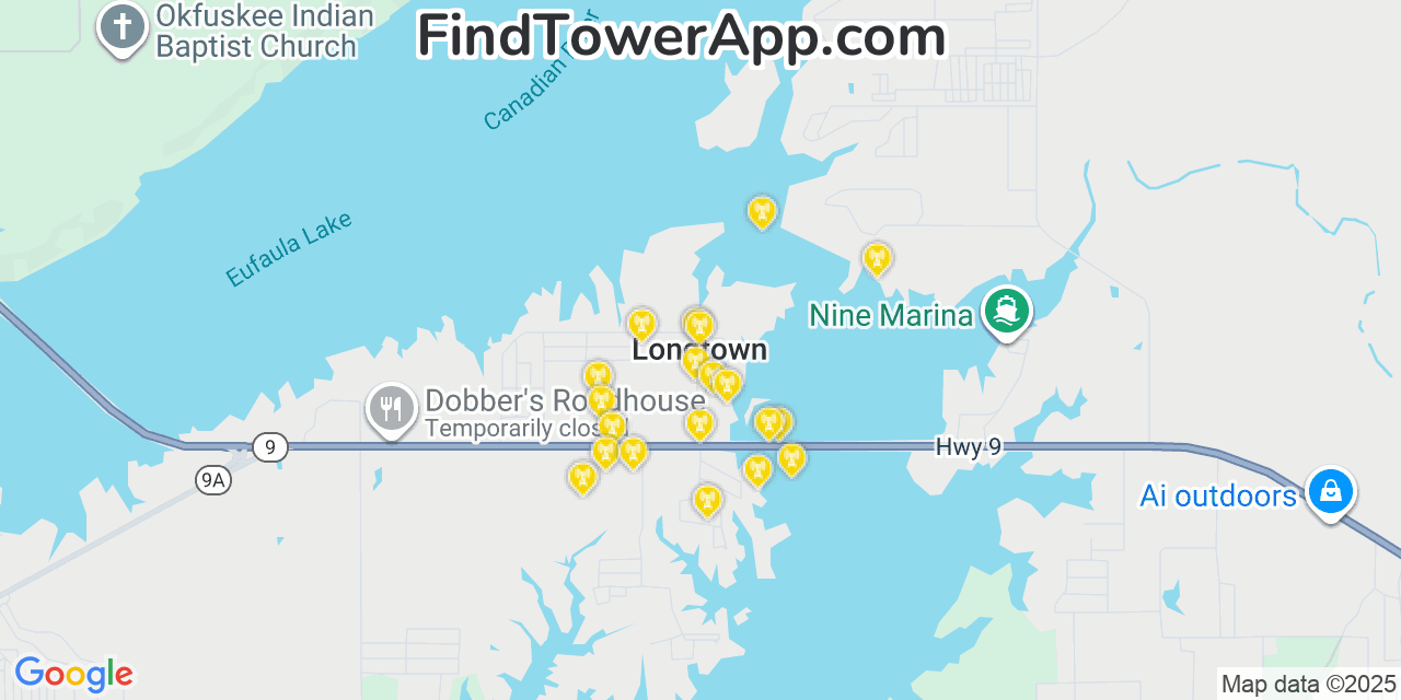 Map showing the 20 primary cell tower locations detected in Longtown, Oklahoma from AT&T, Verizon, and T-Mobile networks