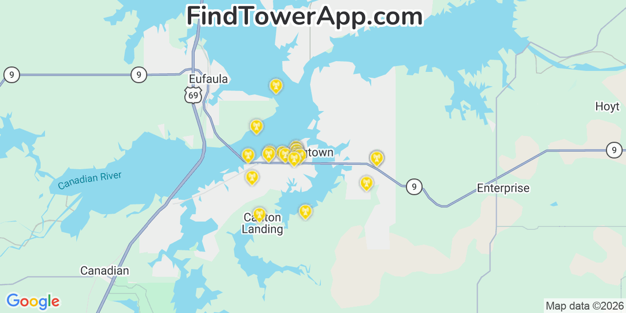 Map showing the 20 primary cell tower locations detected in Longtown, Oklahoma from AT&T, Verizon, and T-Mobile networks
