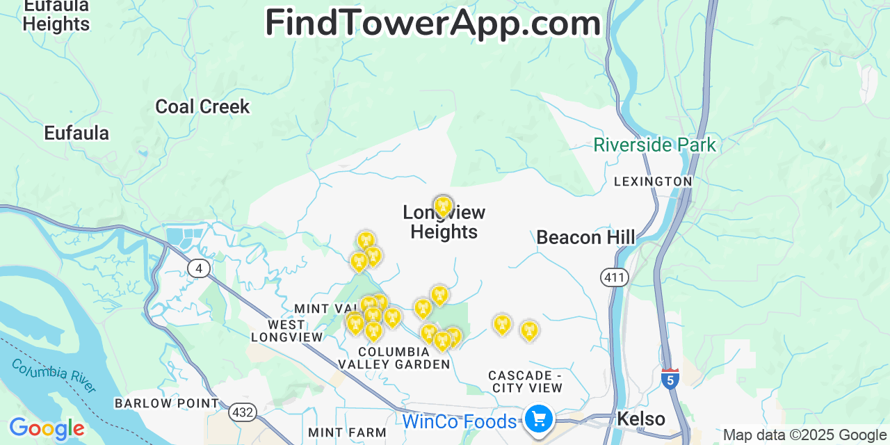 Map showing the 20 primary cell tower locations detected in Longview Heights, Washington from AT&T, Verizon, and T-Mobile networks