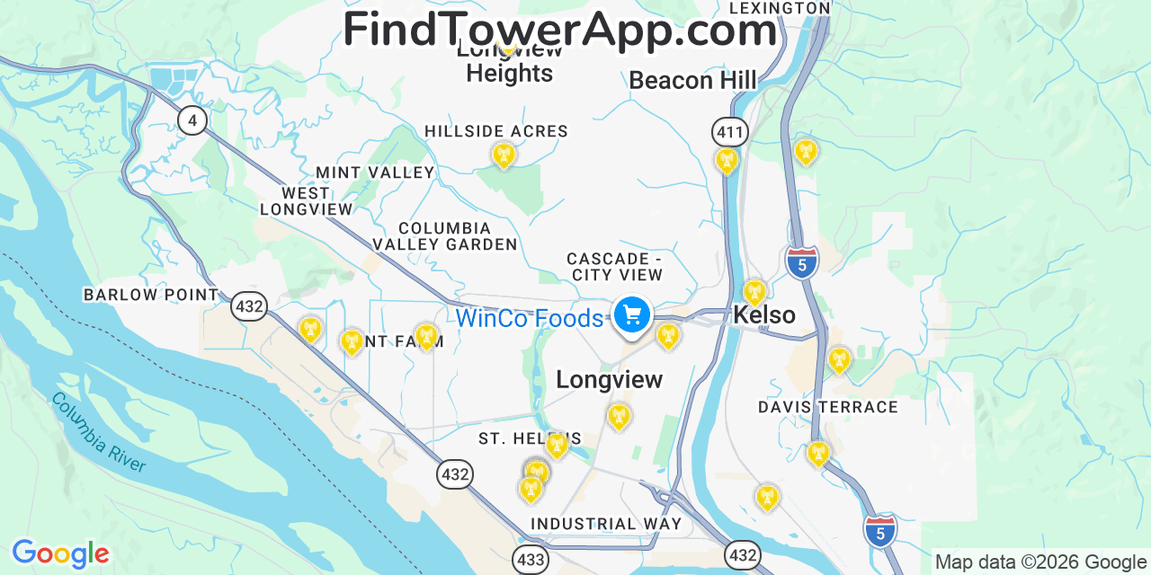 Map showing the 20 primary cell tower locations detected in Longview Heights, Washington from AT&T, Verizon, and T-Mobile networks
