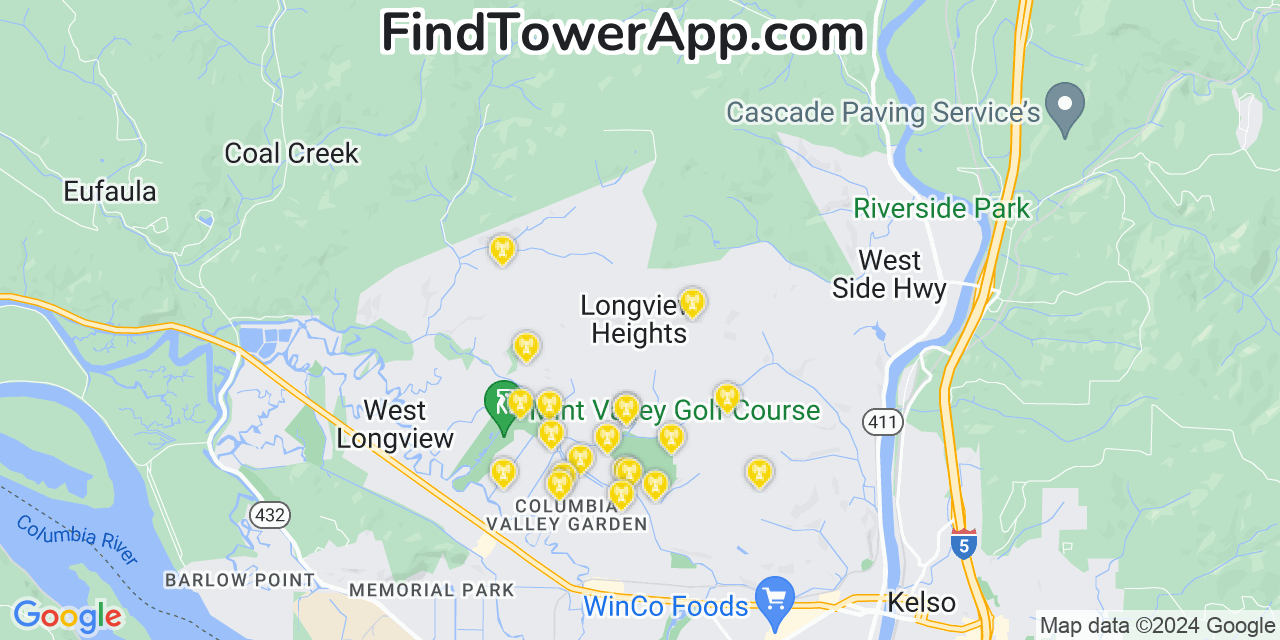 Verizon 4G/5G cell tower coverage map Longview Heights, Washington