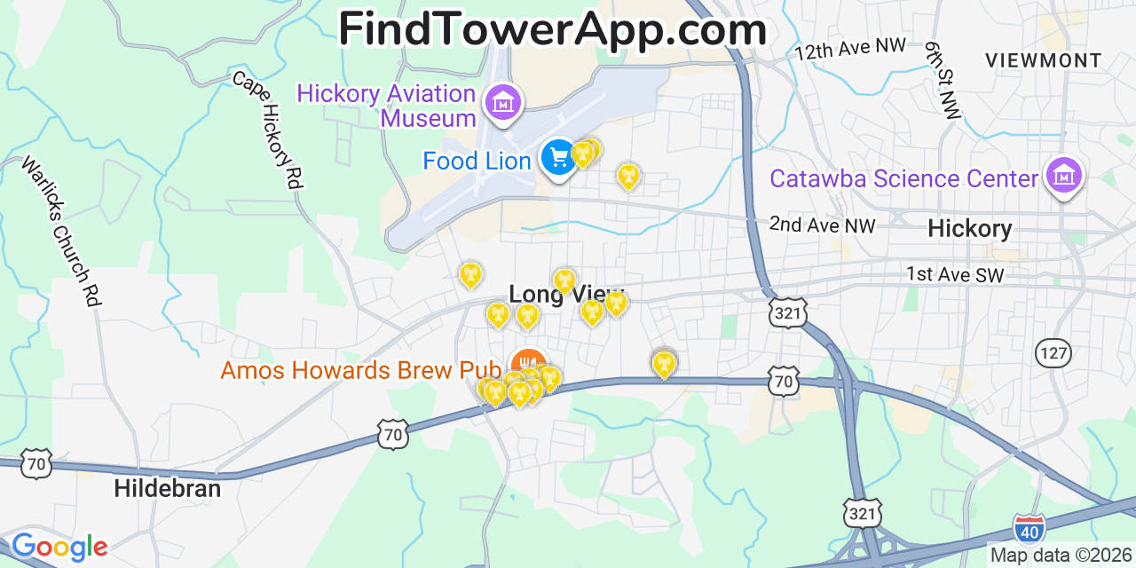 Map showing the 20 primary cell tower locations detected in Longview, North Carolina from AT&T, Verizon, and T-Mobile networks