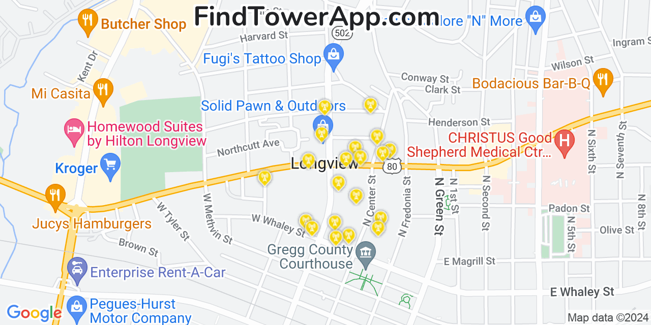 AT&T 4G/5G cell tower coverage map Longview, Texas
