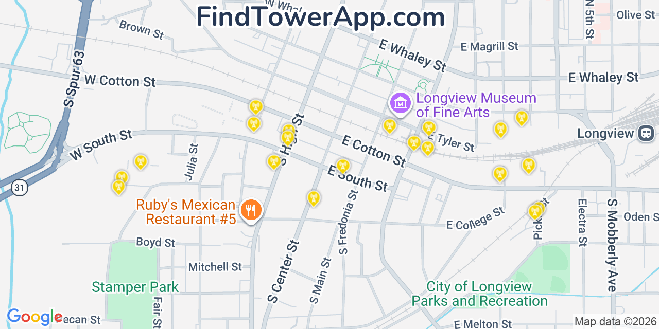 Map showing the 20 primary cell tower locations detected in Longview, Texas from AT&T, Verizon, and T-Mobile networks