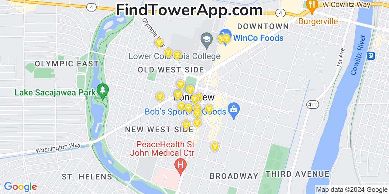 AT&T 4G/5G cell tower coverage map Longview, Washington