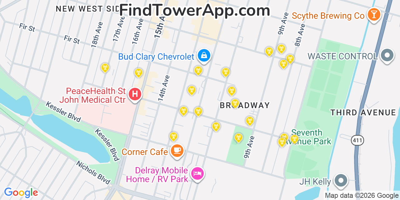Map showing the 20 primary cell tower locations detected in Longview, Washington from AT&T, Verizon, and T-Mobile networks