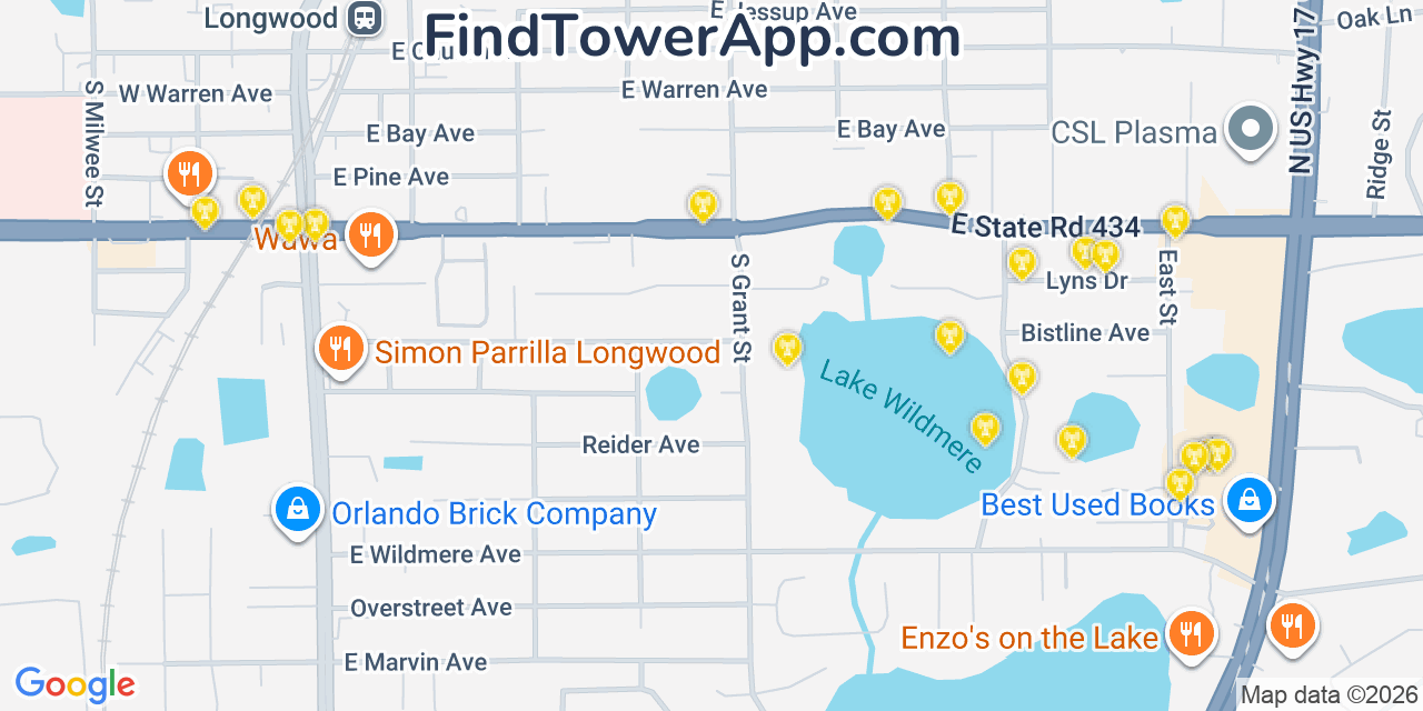 Map showing the 20 primary cell tower locations detected in Longwood, Florida from AT&T, Verizon, and T-Mobile networks