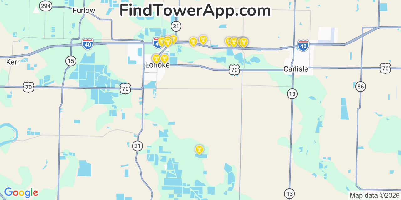 Map showing the 20 primary cell tower locations detected in Lonoke, Arkansas from AT&T, Verizon, and T-Mobile networks