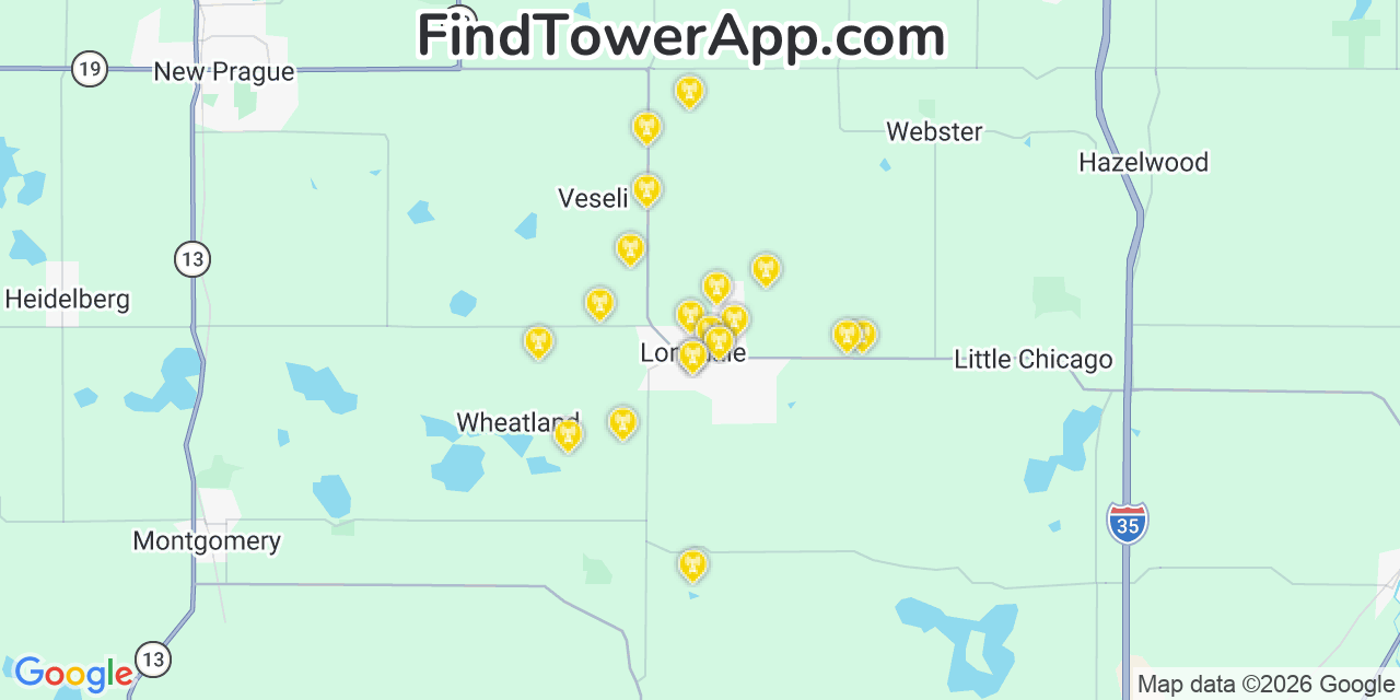 Map showing the 20 primary cell tower locations detected in Lonsdale, Minnesota from AT&T, Verizon, and T-Mobile networks
