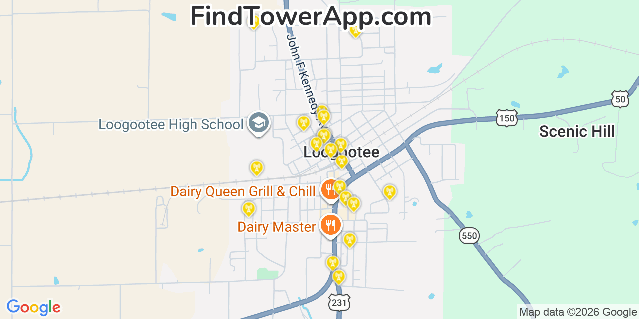 Map showing the 20 primary cell tower locations detected in Loogootee, Indiana from AT&T, Verizon, and T-Mobile networks
