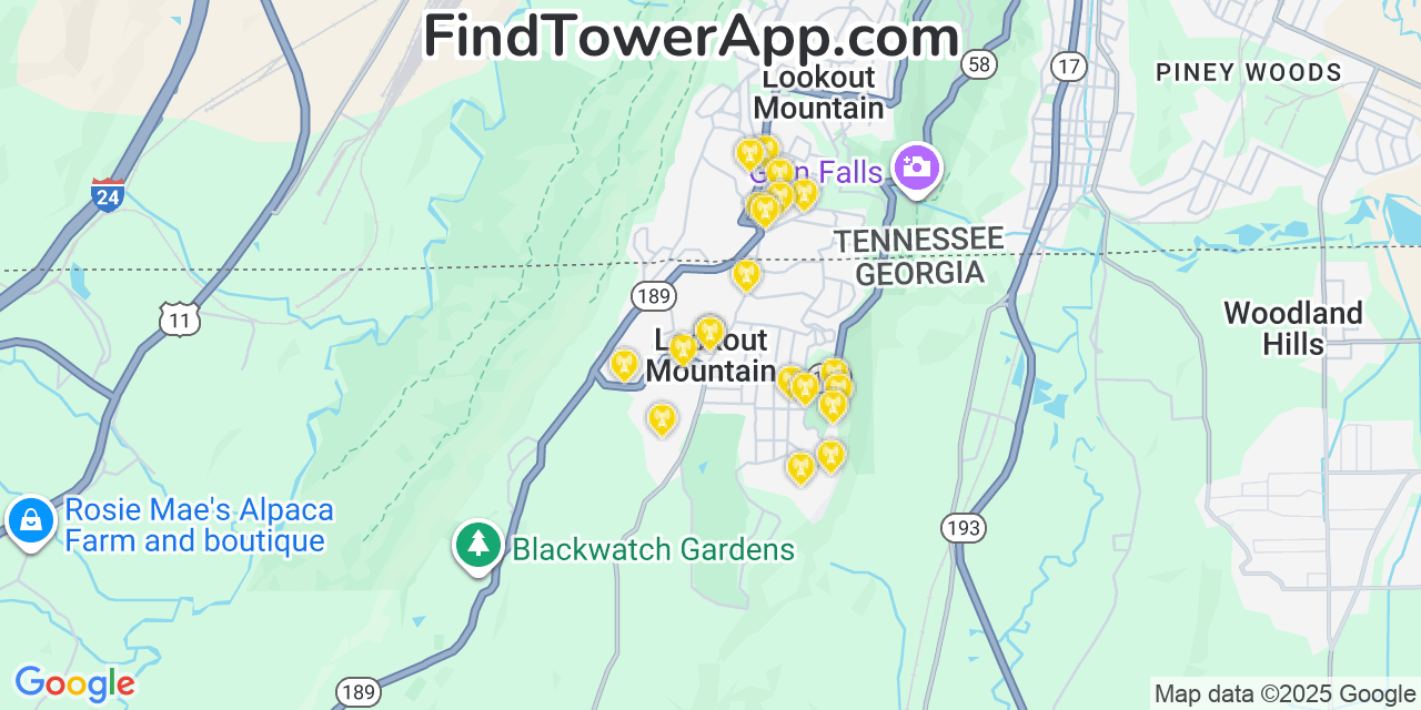 Map showing the 20 primary cell tower locations detected in Lookout Mountain, Georgia from AT&T, Verizon, and T-Mobile networks