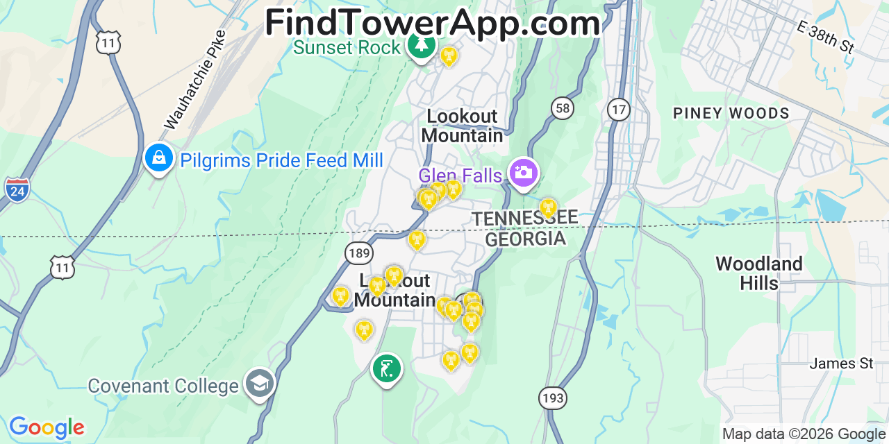Map showing the 20 primary cell tower locations detected in Lookout Mountain, Georgia from AT&T, Verizon, and T-Mobile networks