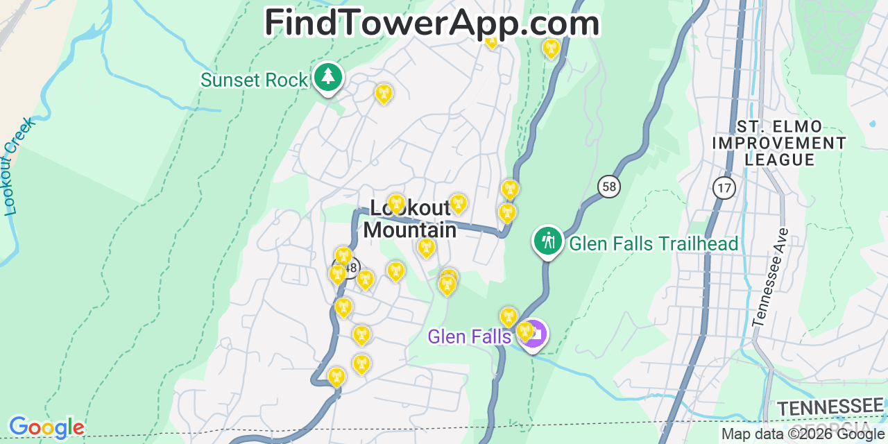 Map showing the 20 primary cell tower locations detected in Lookout Mountain, Tennessee from AT&T, Verizon, and T-Mobile networks