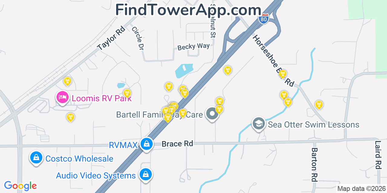 Map showing the 20 primary cell tower locations detected in Loomis, California from AT&T, Verizon, and T-Mobile networks