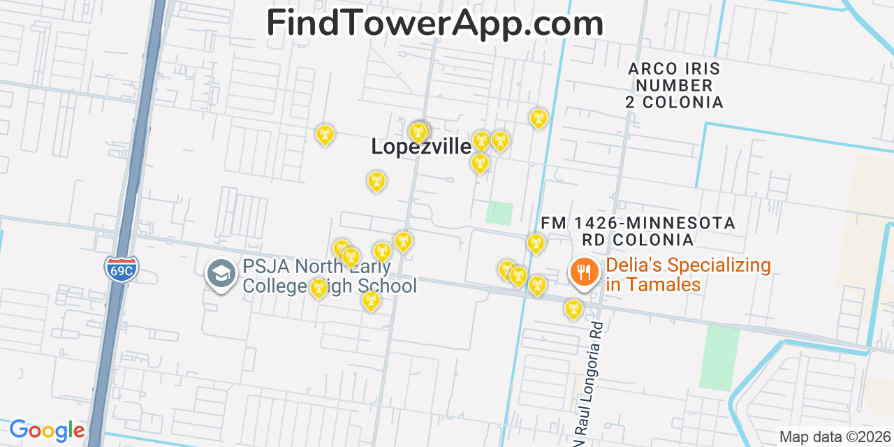 Map showing the 20 primary cell tower locations detected in Lopezville, Texas from AT&T, Verizon, and T-Mobile networks
