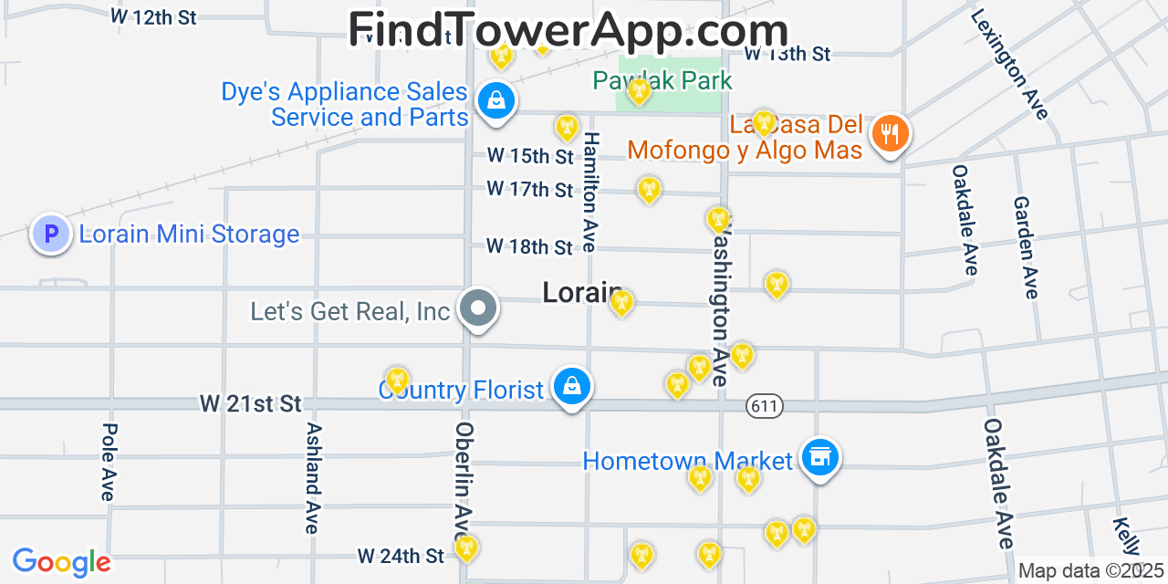 Map showing the 20 primary cell tower locations detected in Lorain, Ohio from AT&T, Verizon, and T-Mobile networks