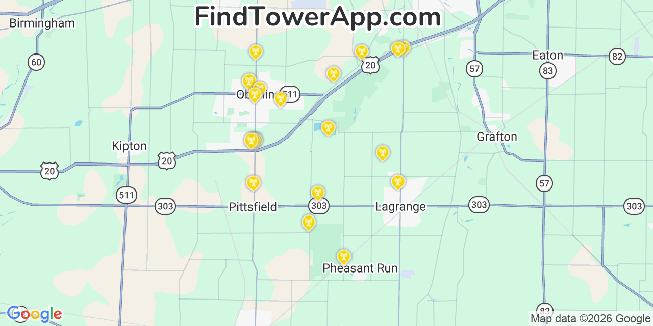 Map showing the 20 primary cell tower locations detected in Lorain, Ohio from AT&T, Verizon, and T-Mobile networks