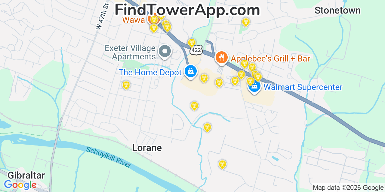 Map showing the 20 primary cell tower locations detected in Lorane, Pennsylvania from AT&T, Verizon, and T-Mobile networks