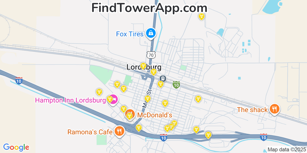 Map showing the 20 primary cell tower locations detected in Lordsburg, New Mexico from AT&T, Verizon, and T-Mobile networks