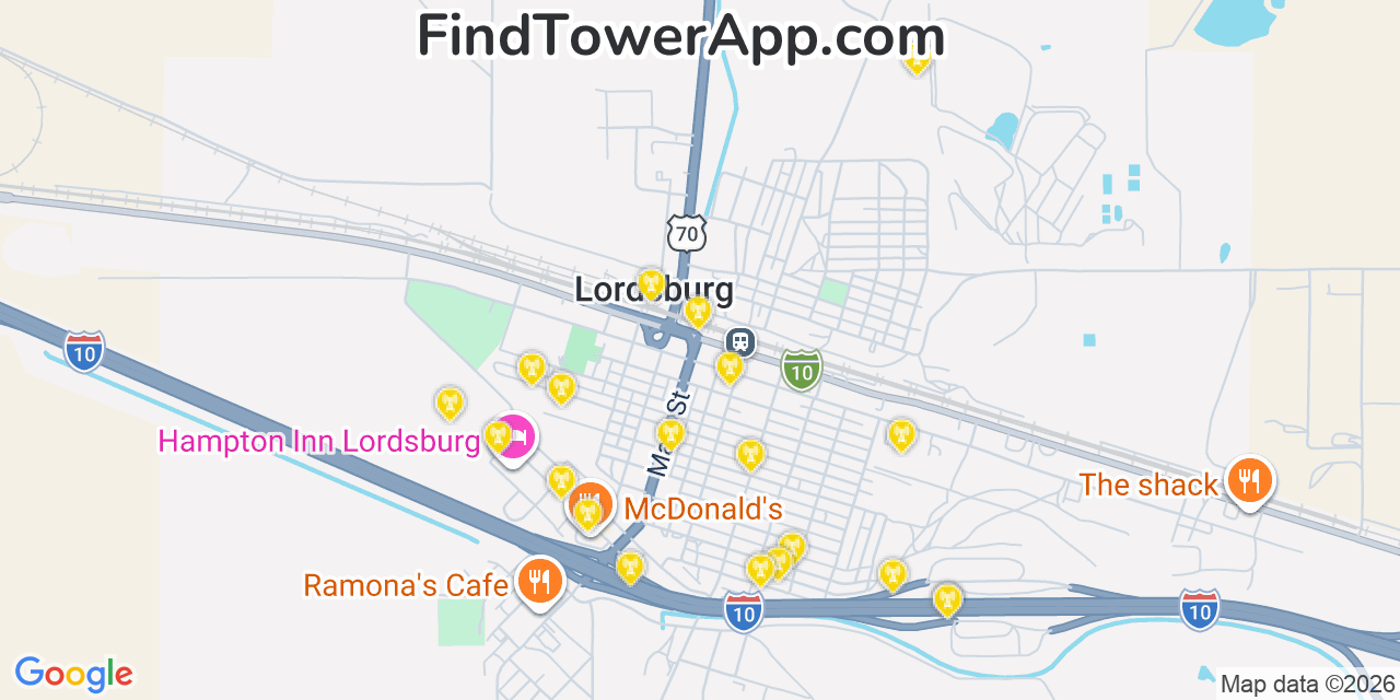 Map showing the 20 primary cell tower locations detected in Lordsburg, New Mexico from AT&T, Verizon, and T-Mobile networks