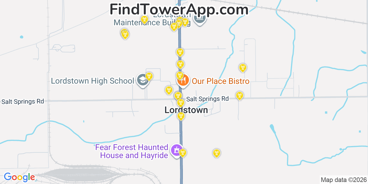 Map showing the 20 primary cell tower locations detected in Lordstown, Ohio from AT&T, Verizon, and T-Mobile networks