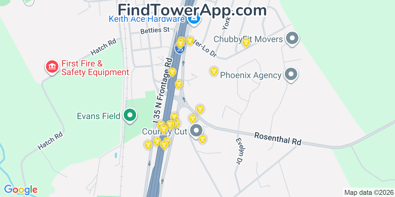 Map showing the 20 primary cell tower locations detected in Lorena, Texas from AT&T, Verizon, and T-Mobile networks