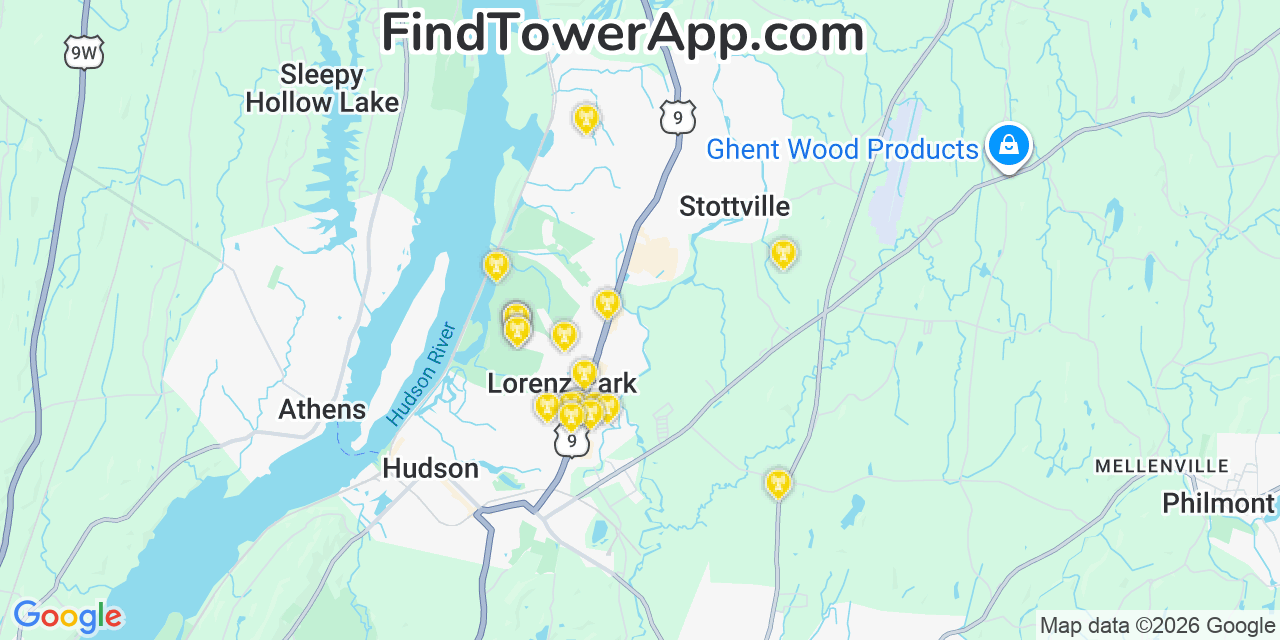 Map showing the 20 primary cell tower locations detected in Lorenz Park, New York from AT&T, Verizon, and T-Mobile networks