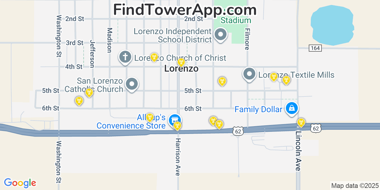 Map showing the 20 primary cell tower locations detected in Lorenzo, Texas from AT&T, Verizon, and T-Mobile networks