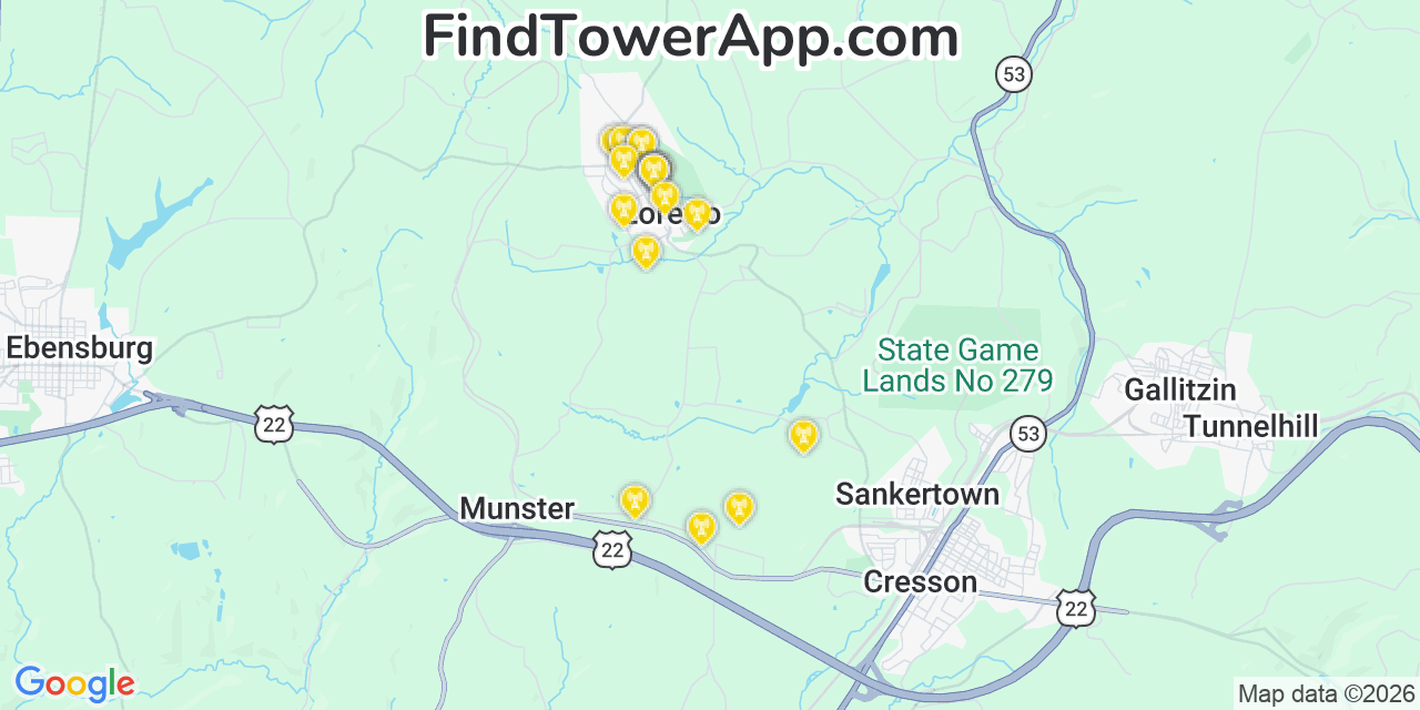 Map showing the 20 primary cell tower locations detected in Loretto, Pennsylvania from AT&T, Verizon, and T-Mobile networks