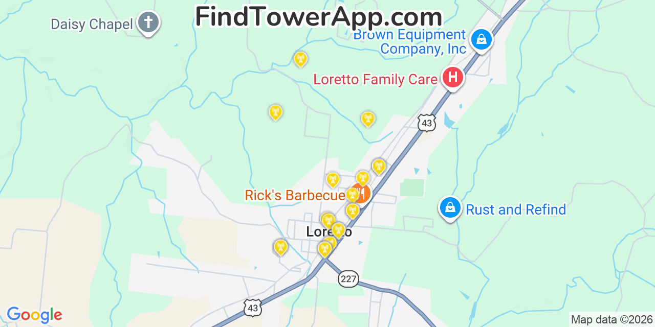 Map showing the 20 primary cell tower locations detected in Loretto, Tennessee from AT&T, Verizon, and T-Mobile networks