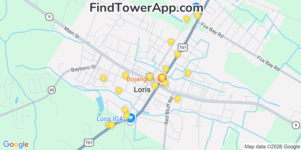 Map showing the 20 primary cell tower locations detected in Loris, South Carolina from AT&T, Verizon, and T-Mobile networks
