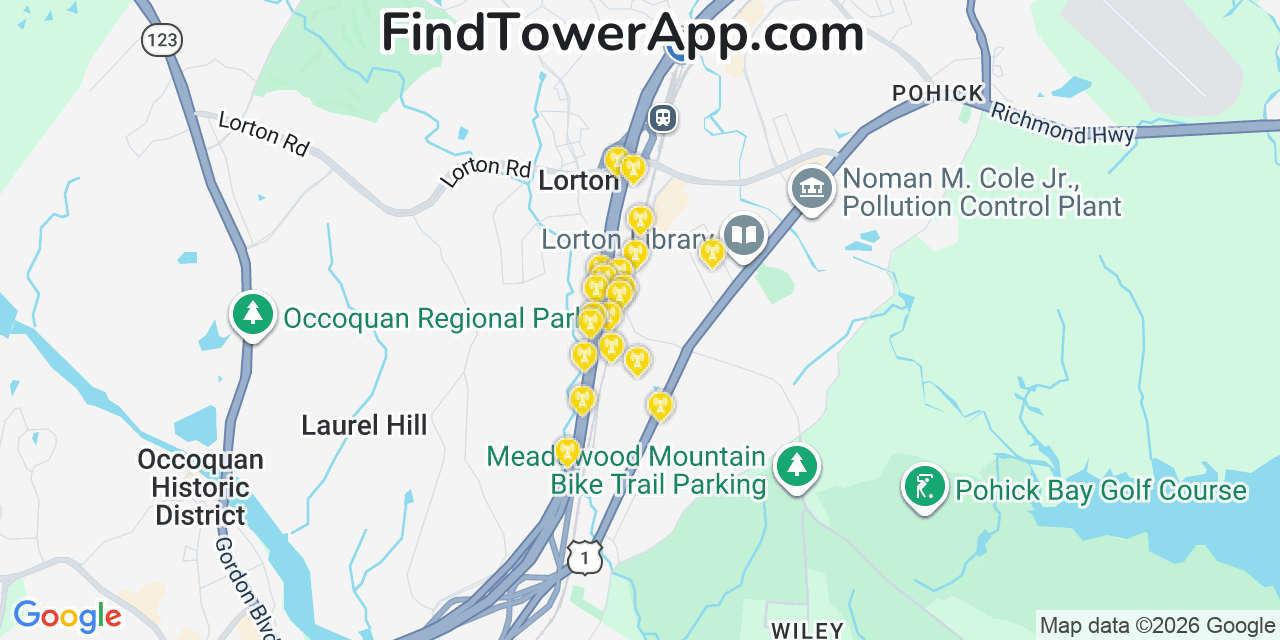 Map showing the 20 primary cell tower locations detected in Lorton, Virginia from AT&T, Verizon, and T-Mobile networks