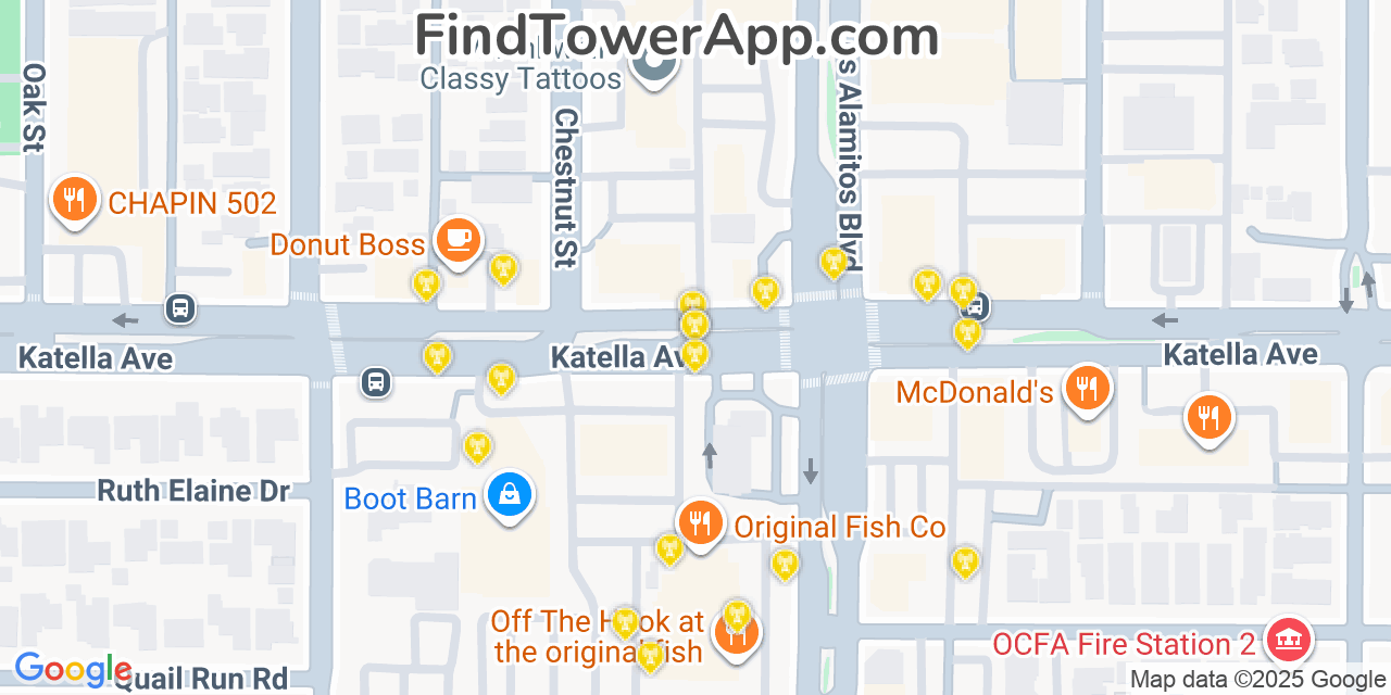 Map showing the 20 primary cell tower locations detected in Los Alamitos, California from AT&T, Verizon, and T-Mobile networks