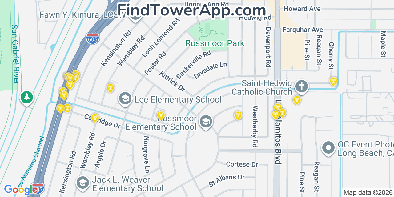 Map showing the 20 primary cell tower locations detected in Los Alamitos, California from AT&T, Verizon, and T-Mobile networks