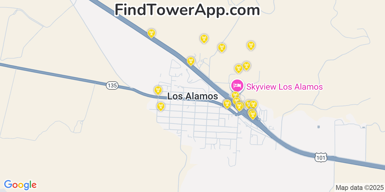 Map showing the 20 primary cell tower locations detected in Los Alamos, California from AT&T, Verizon, and T-Mobile networks