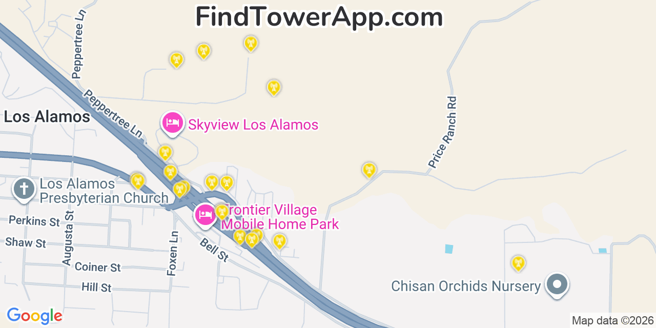Map showing the 20 primary cell tower locations detected in Los Alamos, California from AT&T, Verizon, and T-Mobile networks