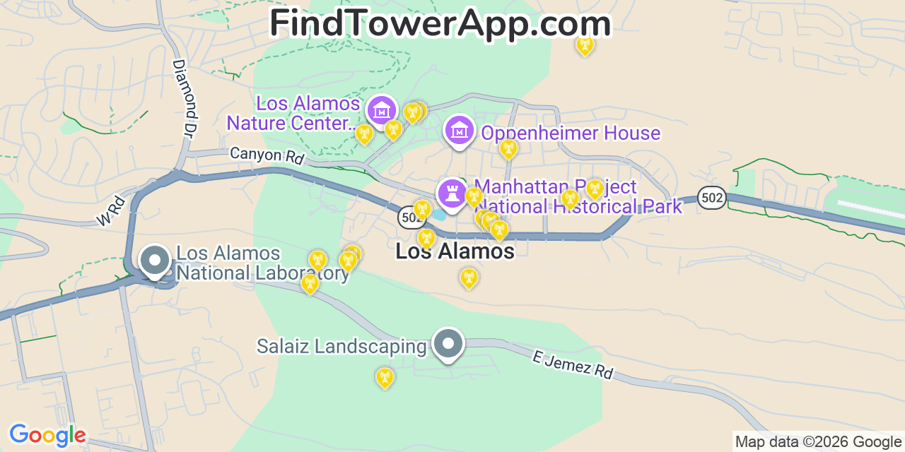 Map showing the 20 primary cell tower locations detected in Los Alamos, New Mexico from AT&T, Verizon, and T-Mobile networks