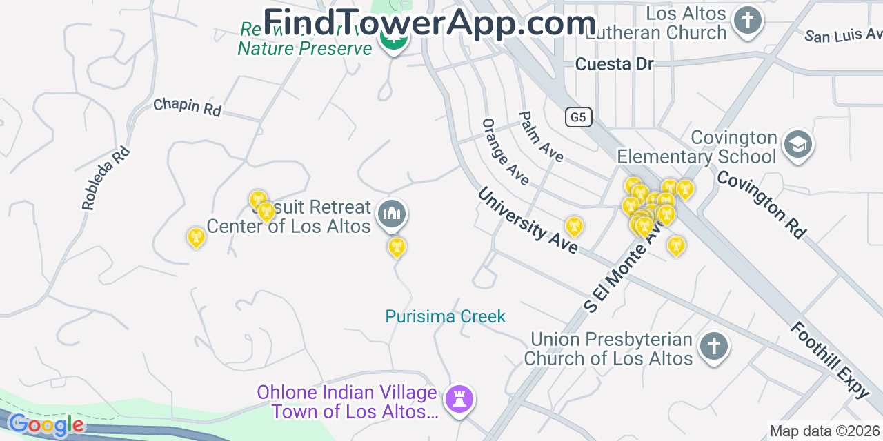 Map showing the 20 primary cell tower locations detected in Los Altos, California from AT&T, Verizon, and T-Mobile networks