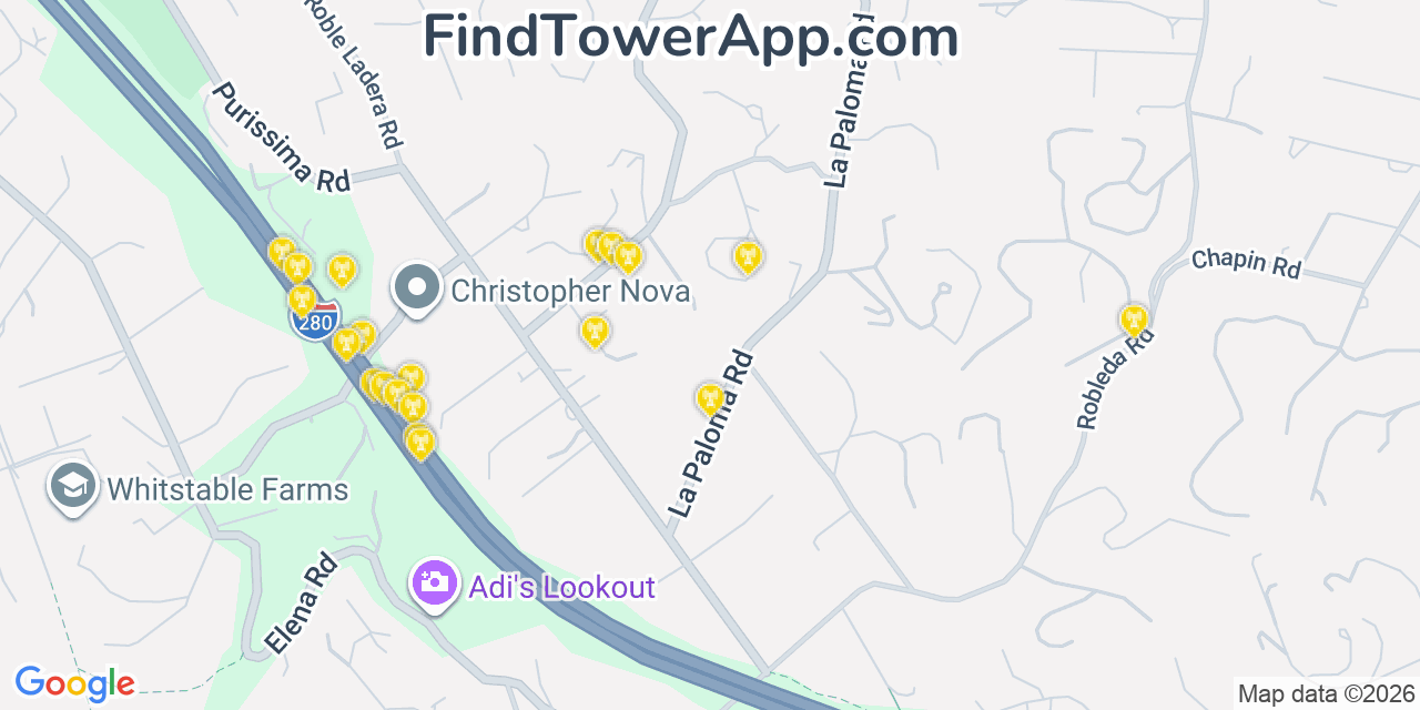 Map showing the 20 primary cell tower locations detected in Los Altos Hills, California from AT&T, Verizon, and T-Mobile networks