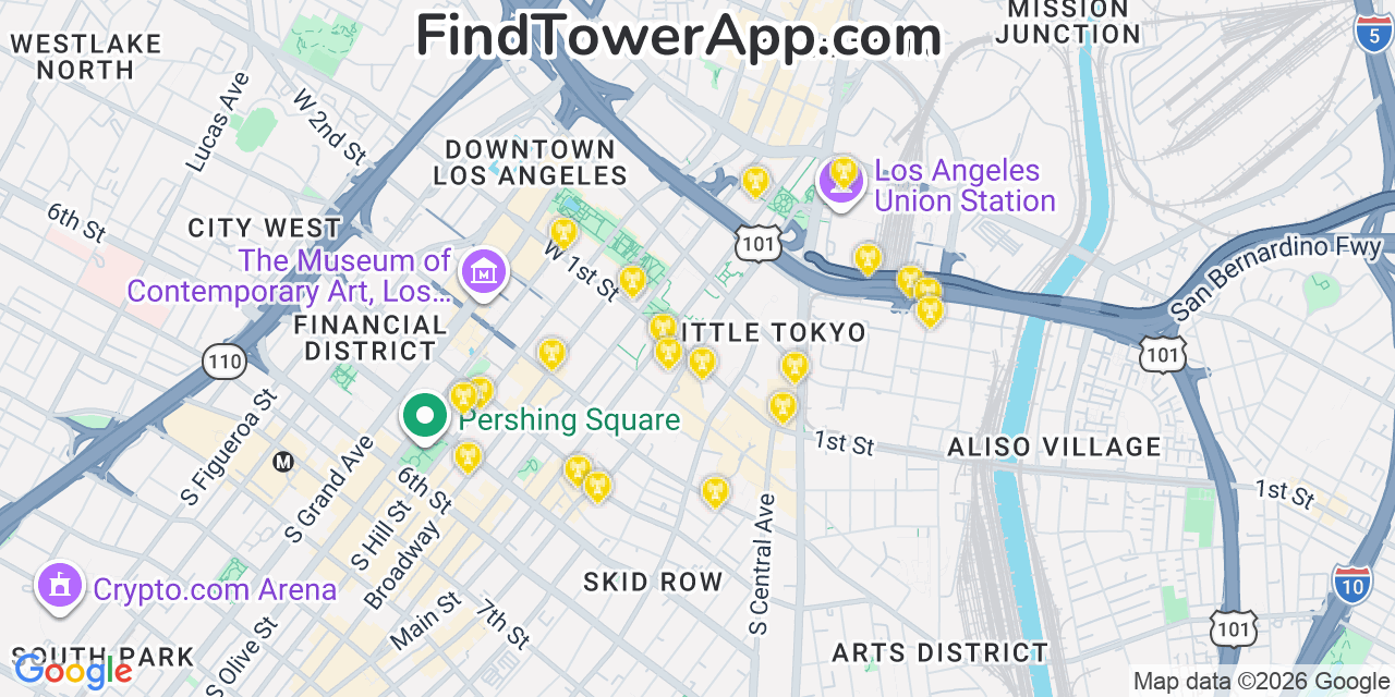 Map showing the 20 primary cell tower locations detected in Los Angeles, California from AT&T, Verizon, and T-Mobile networks