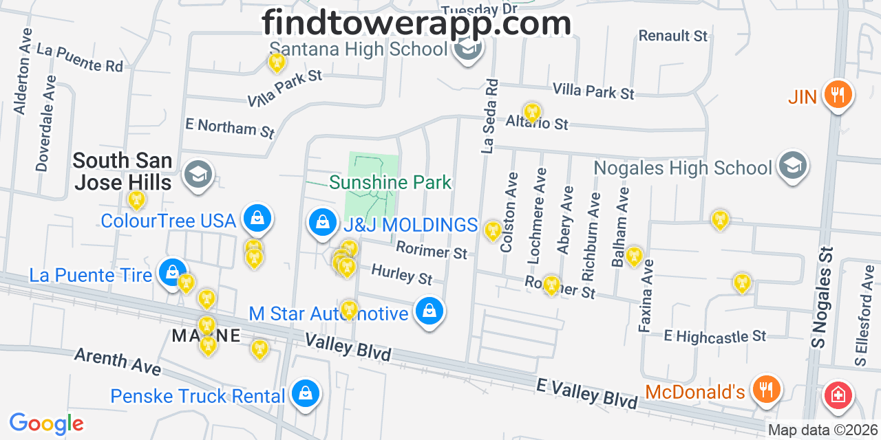 Map showing the 20 primary AT&T cell tower locations detected in Los Angeles, Nevada with coverage radius and signal strength indicators