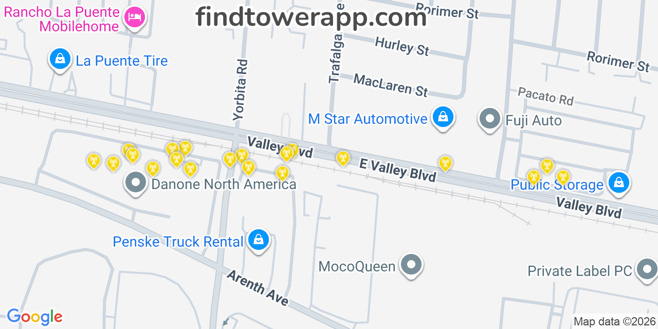 Map showing the 20 primary cell tower locations detected in Los Angeles, Nevada from AT&T, Verizon, and T-Mobile networks